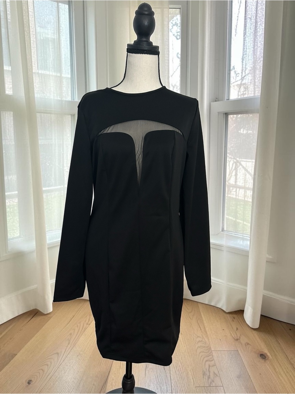 NWT Black Long Sleeve Mesh Cutout Illusiin Bodycon Dress - Picture 3 of 10